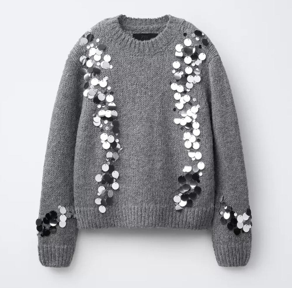 NWT Zara Wool Blend Sequin Knit Jumper Sweater Gray 11-12